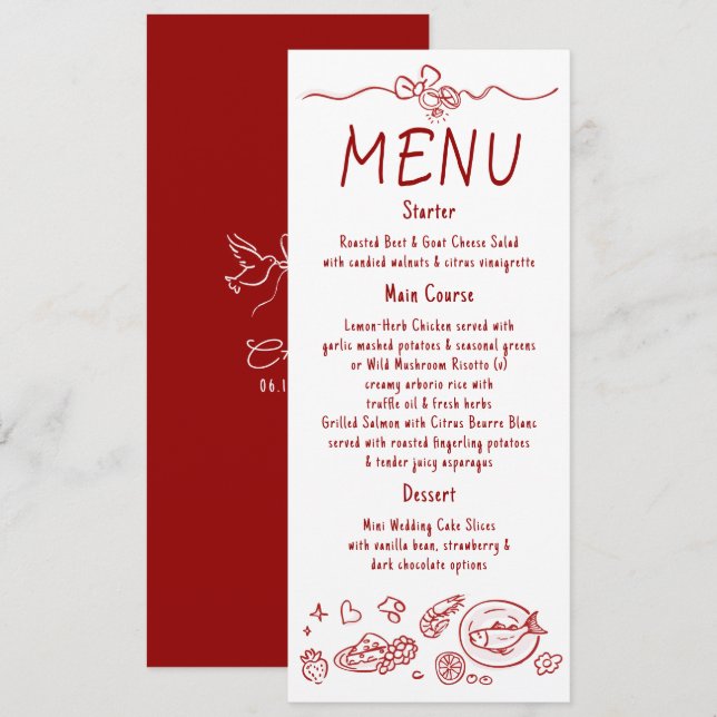 Décoration fantaisiste funky Menu de mariage rouge (Devant / Derrière)