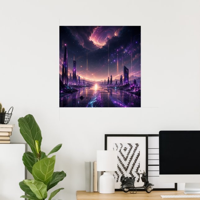 Décoration murale de la ville de fantasy violette  (Bureau à domicile)