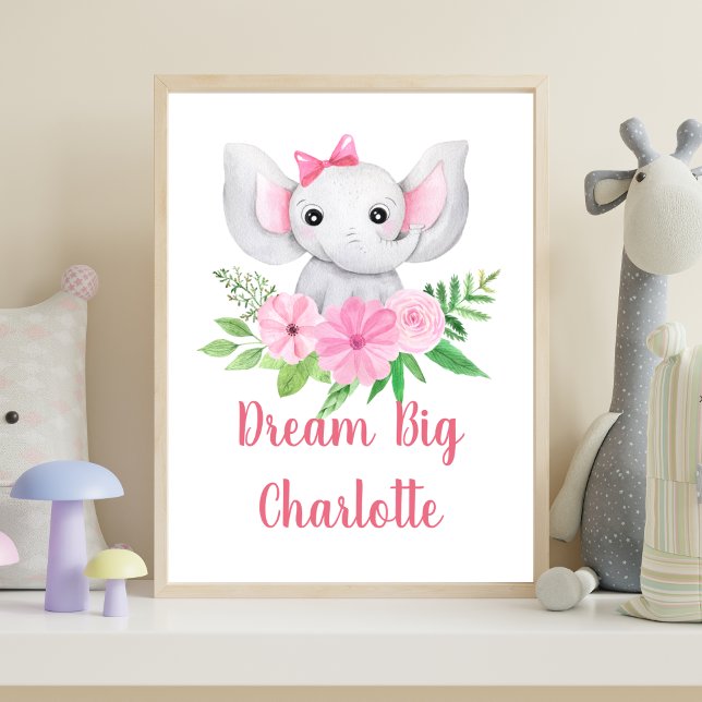 Décoration murale de nursery pour bébé fille éléph (Pink Elephant Baby Girl Nursery Wall Art, Dream Big Personalized Baby Gift)