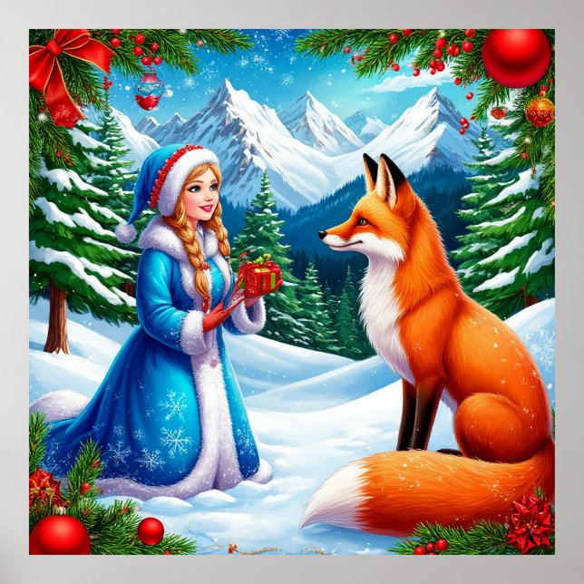 Décoration Murale d'Hiver Renard et Jeune Fille de (Devant)
