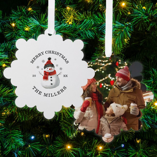 Décorative Carte de garde photo de Noël personnalisée Snowman (Cute Snowman Custom Photo Paper Ornament Card)