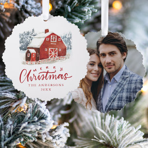 Décorative Carte de Noël photo grange rouge aquarelle
