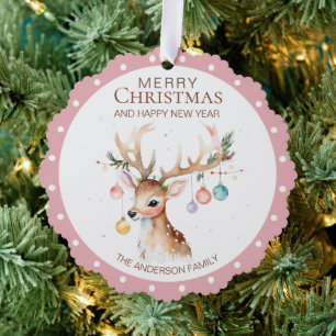 Décorative Carte d'ornement de Noël rose renne Aquarelle