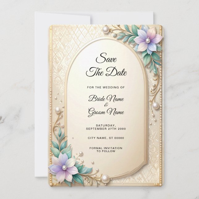 Decorative Floral Frame with Pearls Save The Date (Devant)