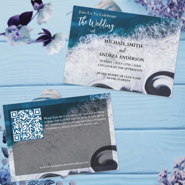 Deep Blue Ocean Waves Modern Beach Wedding Code QR (Créateur téléchargé)