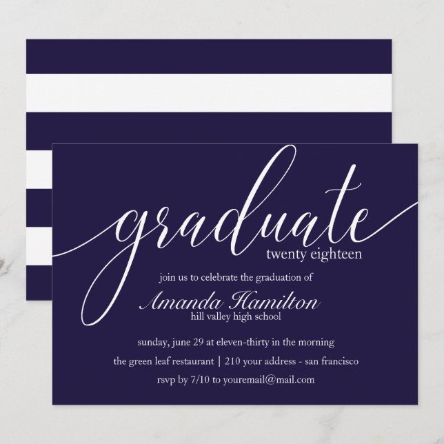 Deep Blue typographie Graduation Invitation (Devant / Derrière)