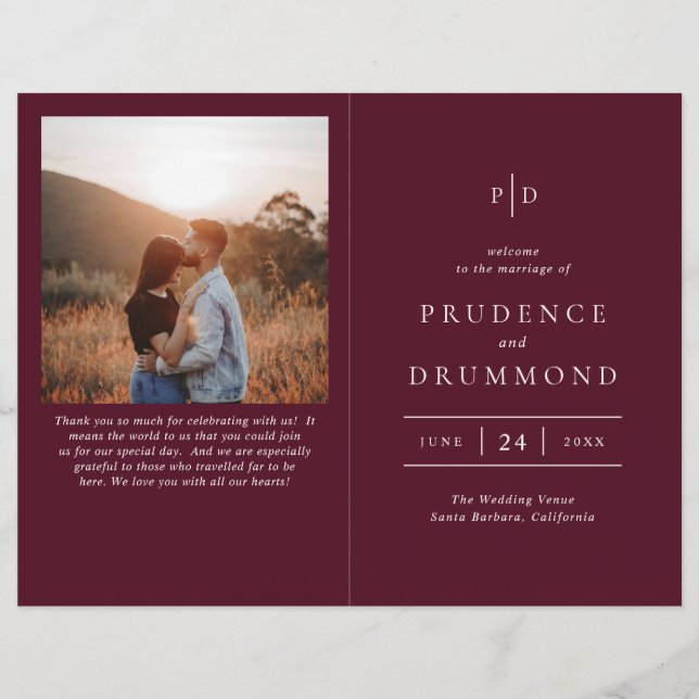 Deep Burgundy Elegant Classic Wedding Program (Devant)