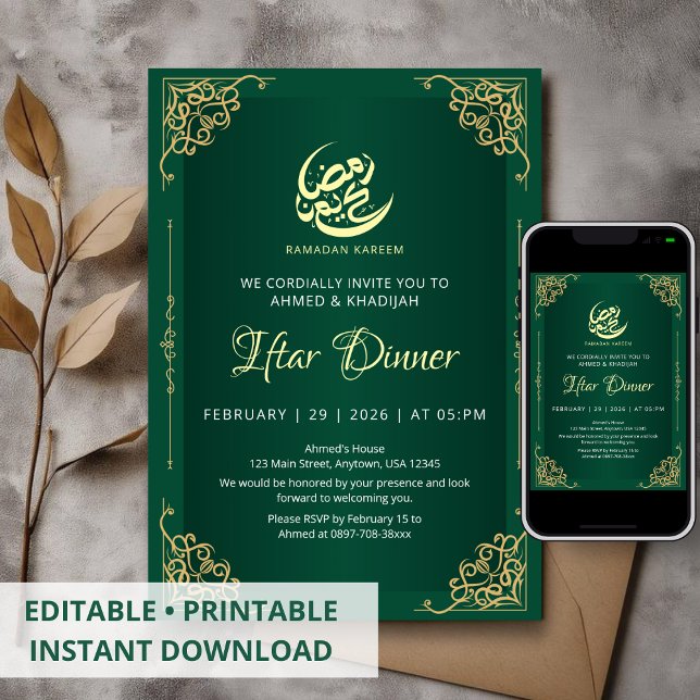 Deep Green and Gold Ramadan Iftar Invitation (Créateur téléchargé)