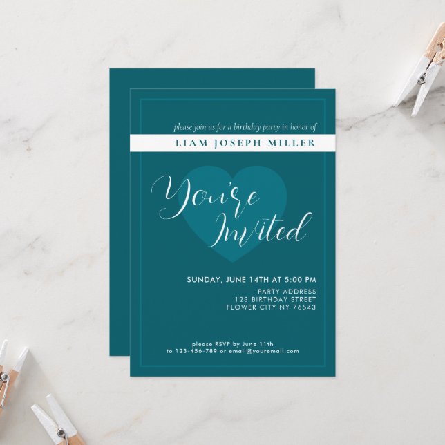 Deep Petrol Script personnalisé Invitation d'anniv (Devant/Arrière en situation)