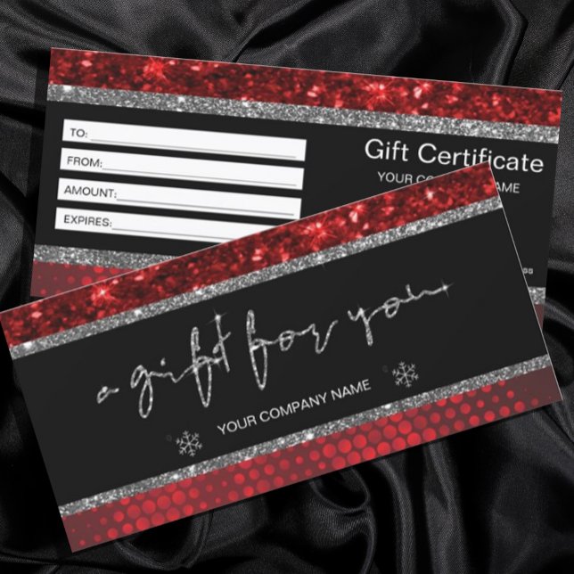 Deep Red Faux Parties scintillant Lights Certifica (#christmas #deepred #giftcard #certificate #agitforyou #holiday #glitterred #silver)