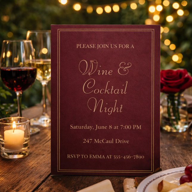 Deep Red Wine Soiree Invitation (Deep red wine soirée with gold accents, perfect for refined backyard cocktail evenings)