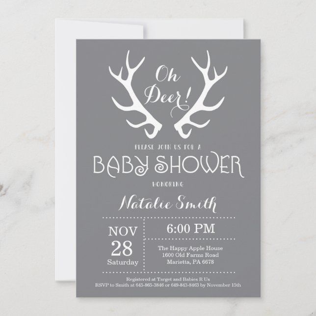 Deer Antler Baby shower Invitation Grey (Devant)