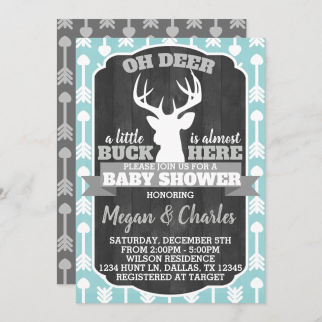 Deer Antler Baby shower Invitation Monnaie Gris Tu (Devant / Derrière)
