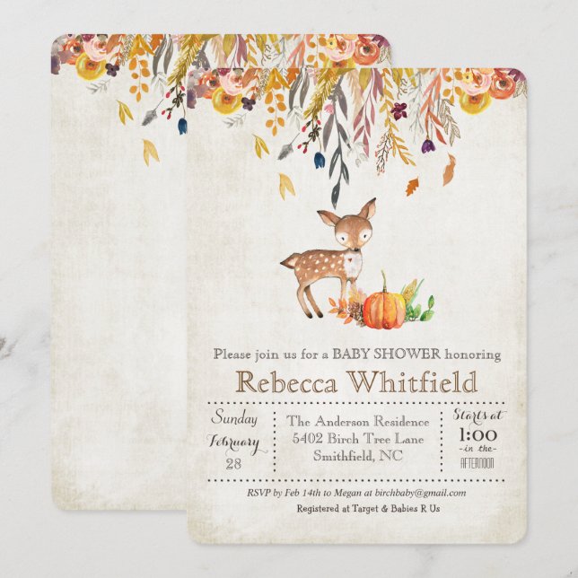 Deer Fall quitte Citrouille Baby shower Invitation (Devant / Derrière)