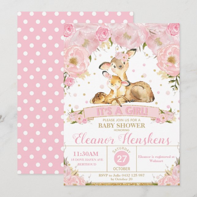 Deer Floral Baby shower Invitation fille (Devant / Derrière)