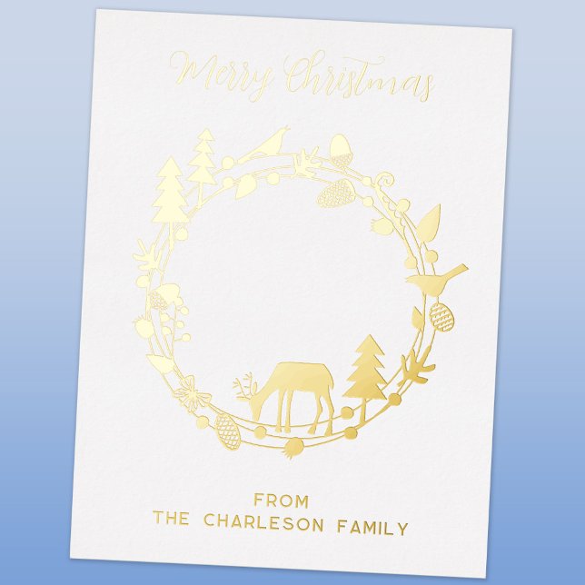 Deer Forest Wreath Holiday Real Foil Carte postale (Deer in the forest Scandinavian style wreath personalized Christmas foil postcard)