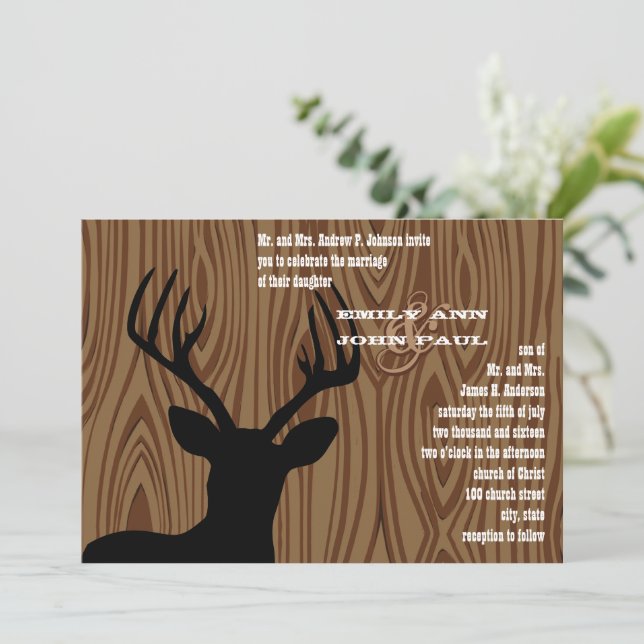 Deer Silhouette Bois Grain de mariage Invitation (Debout devant)