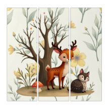 Deer Whimsical & Hedgehog Triptych Wall Art