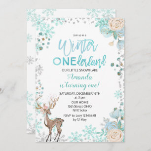 Deer Winter ONE derland Neige Birthday Invitation 