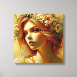Déesse de l'Heure Dorée Portrait Floral sur Toile