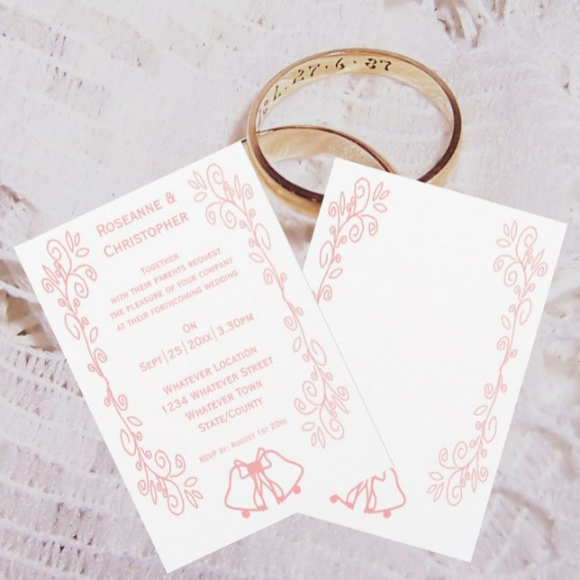 Défilement de cloches Faire-part de mariage roses (Pink wedding invitation bells and scrollwork design)