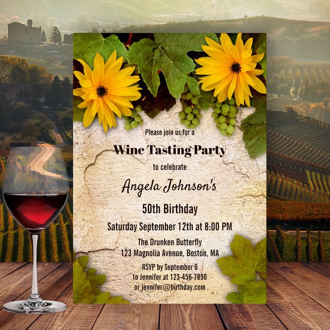 Dégustation Florale de vin Invitation Anniversaire (Birthday party invitation featuring a wine theme with hanging grapes and leaves on a rustic wall)