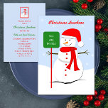 Déjeuner de Noël Invitation Snowman<br><div class="desc">Cette invitation de Noël au déjeuner comprend un mignon bonhomme de neige tenant un signe vert de Noël qui dit "Vous êtes invité". Le bonhomme de neige porte un chapeau de Père Noël rouge et une écharpe rouge avec des boutons rouges coordonnés. Un beau ciel bleu est dans l'arrière -...</div>