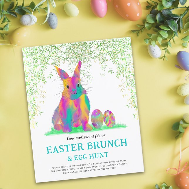 Déjeuner de Pâques Chasse aux œufs Lapin Mignon Co (Easter egg hunt spring brunch cute colorful watercolor Easter bunny garden party budget invitation)