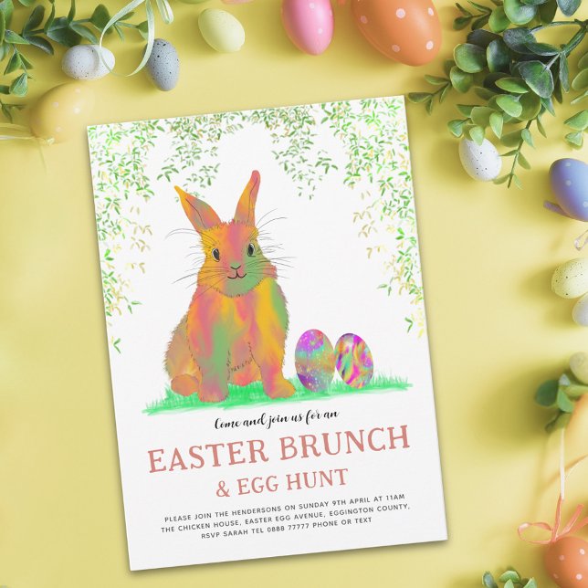 Déjeuner de Pâques Chasse aux œufs Lapin Mignon Co (Easter egg hunt spring brunch watercolor cute bunny and eggs garden party budget invitation)