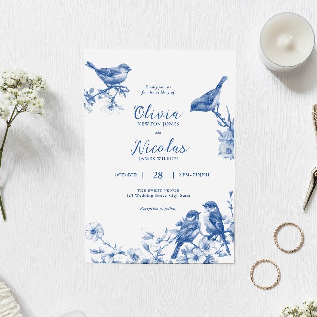 Delft Blue Birds Spring Wedding Invitation (Créateur téléchargé)