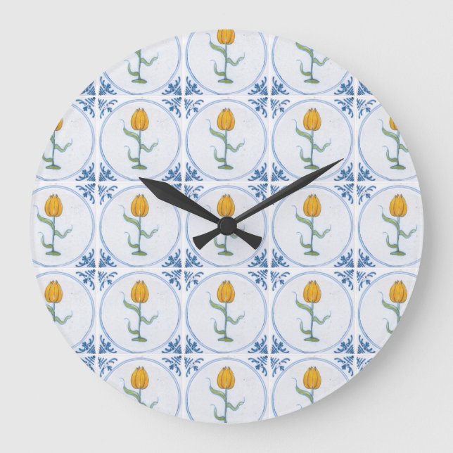 Delft Tulip Tile Art Aucun nombre Horloge (Recto)