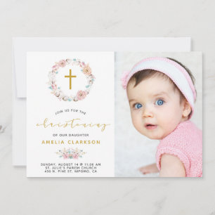 Délicat Floral & Coton Christening Invitation