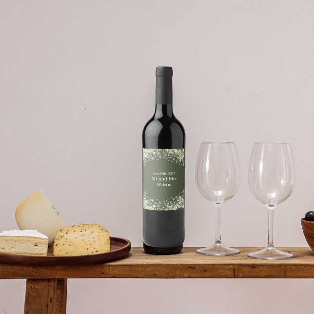 Délicat Floral sur Olive Green Mariage Étiquette d (Créateur téléchargé)