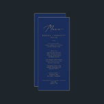 Délicat Gold Calligraphy Marine Mariage Dîner Menu<br><div class="desc">Cette délicate calligraphie dorée carte de menu mariage marine est parfaite pour un mariage moderne. Le design minimaliste romantique présente une belle et élégante typographie de champagne jaune doré sur un arrière - plan bleu marine au look épuré et simple. Ce menu peut être utilisé pour une réception de mariage,...</div>