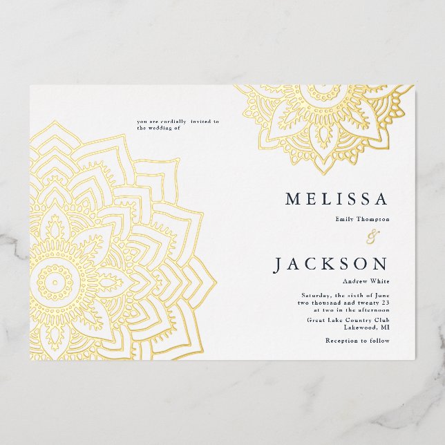 Délicat mandala Mariage d'or Foil Invitation (Recto)