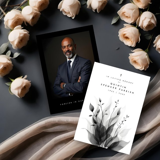 Delicate Black & White Overlapping Leaves & Flower (Delicate Black & White Overlapping Leaves & Flowers Keepsake Memorial Cards with Back Photo.)