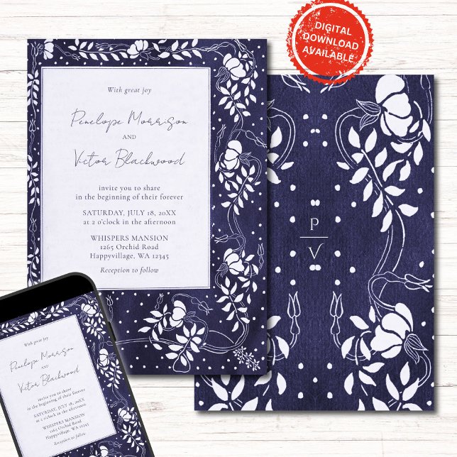 Delicate Floral Frame on Blue Wedding Invitation (Créateur téléchargé)
