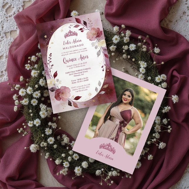 Delicate Floral Oval Quinceañera Tiara Invitation  (Delicate Floral Oval Quinceañera Tiara Invitation Design in Burgundy Tones with Photo Layout.)