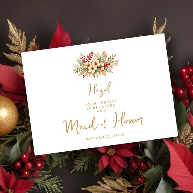 Delicate Glam Christmas Floral Bouquet Gold (Delicate Glam Christmas Floral Bouquet in Faux Gold Bridesmaid Wedding Proposals Cards.)