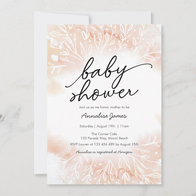 Délicate invitation au Baby shower floral Peach (Devant)