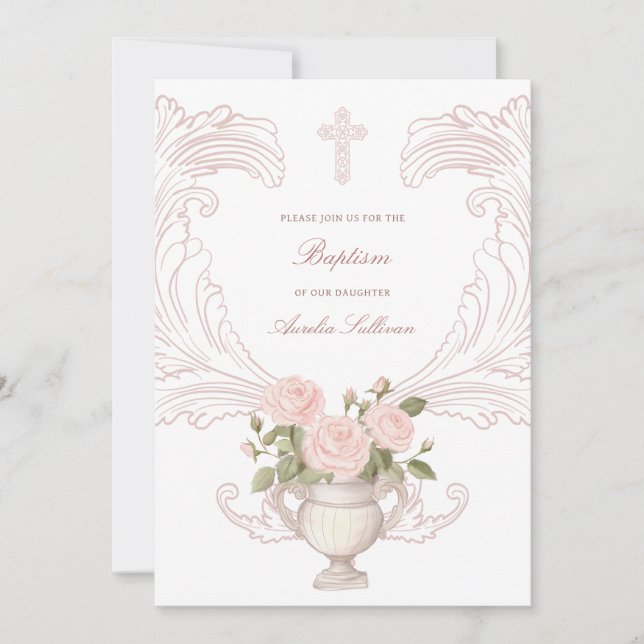 Delicate Roses Frame Baptism Invitation (Devant)