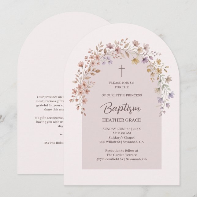 Délicates Cartes de Baptême aux Teintes de Prune F (Devant / Derrière)