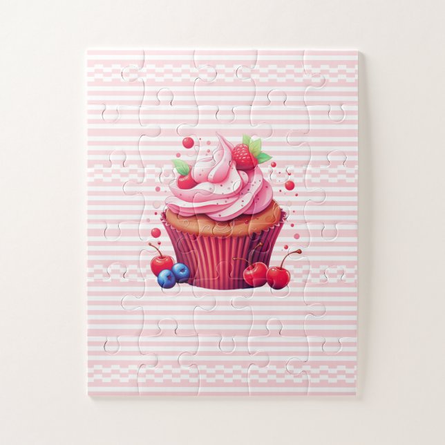 Délicieux Cupcake aux Fraises Rose Blanc Puzzles  (Vertical)