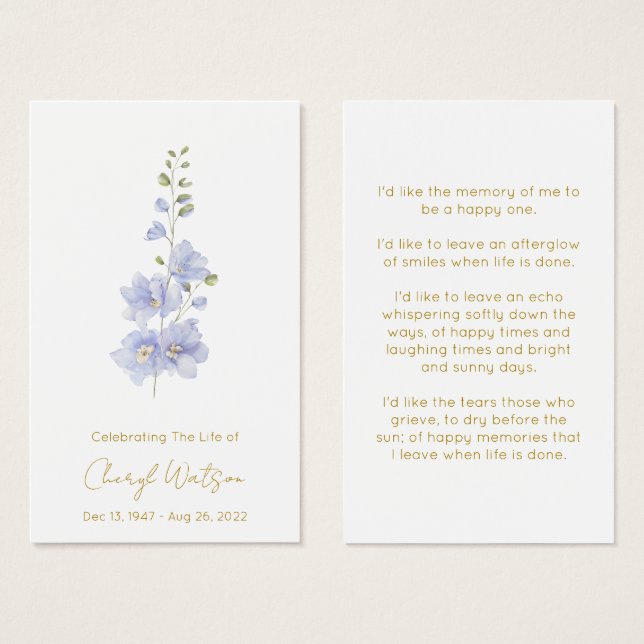 Delphinium | Carte de prière mémorielle simple (Devant & derrière)