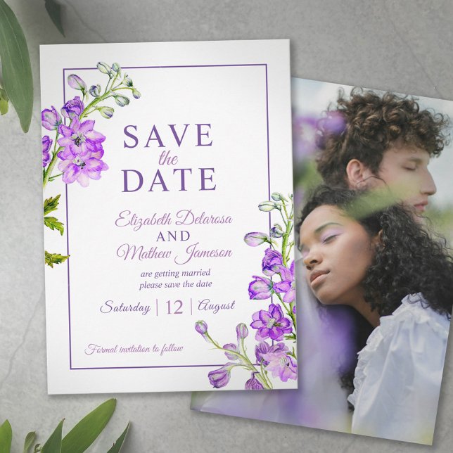 Delphinium floral save the date purple photo (Créateur téléchargé)