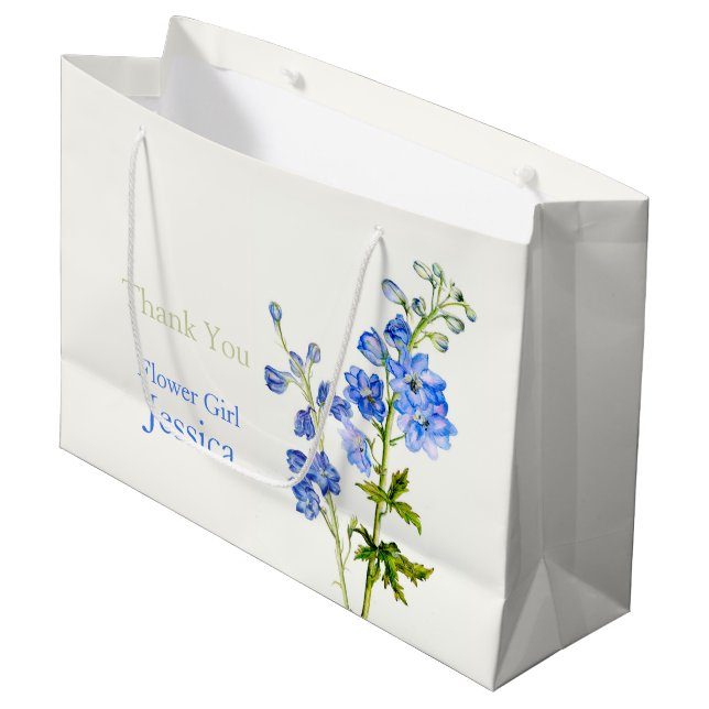 Delphinium mariage bleu fleur fille en faveur sac  (Devant Angle)