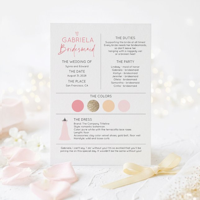 Demande de Demoiselle d'Honneur & Informations (Pink and Gold Bridesmaid Proposal Information Card)