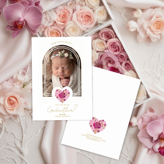 Demande de parrain et marraine avec un cœur floral (Romantic Pink Floral Heart with Gold Effect Godparents Baptism Proposal Card Design )