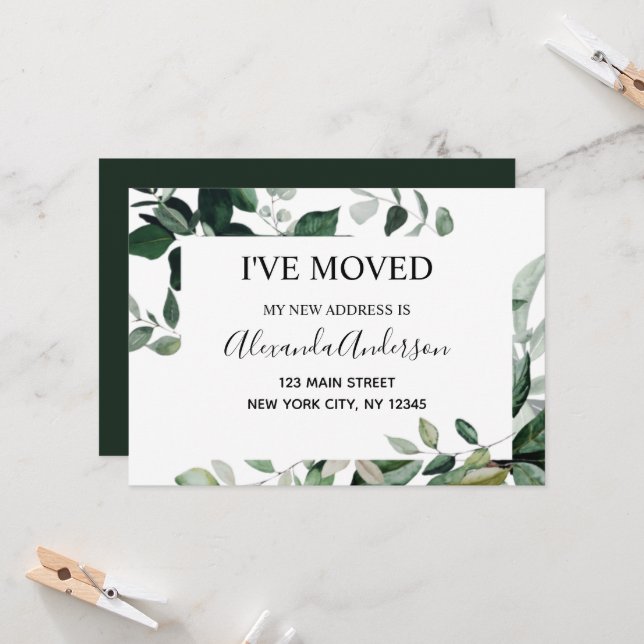 Déménagement Faire-part Eucalyptus verdure (Devant/Arrière en situation)