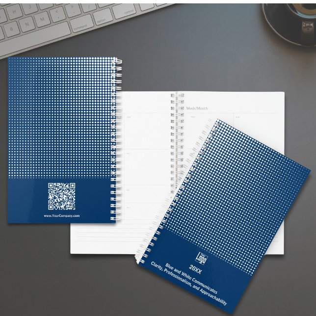 Demi-Tone Motif Bleu Blanc Petite entreprise (Half Tone Pattern Blue White Small Business Planner, Logo, Tagline, QR-code)